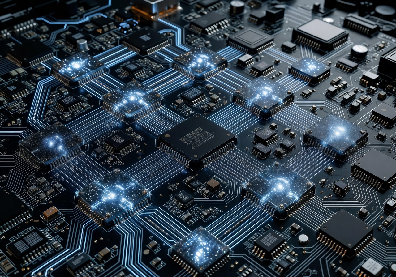 Advanced technology circuit board with glowing elements representing secure platform architecture