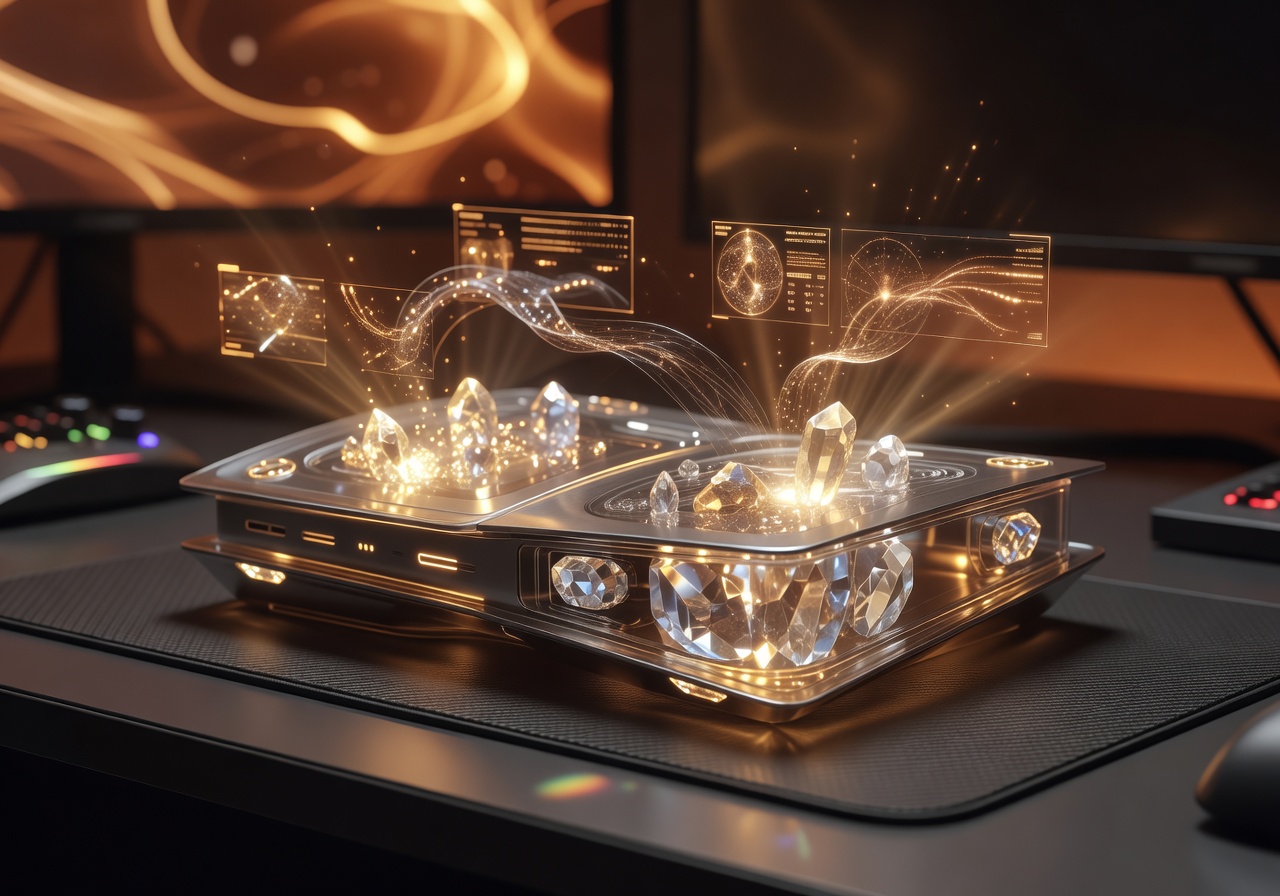 Futuristic crystal-powered gaming interface with warm cinematic glow