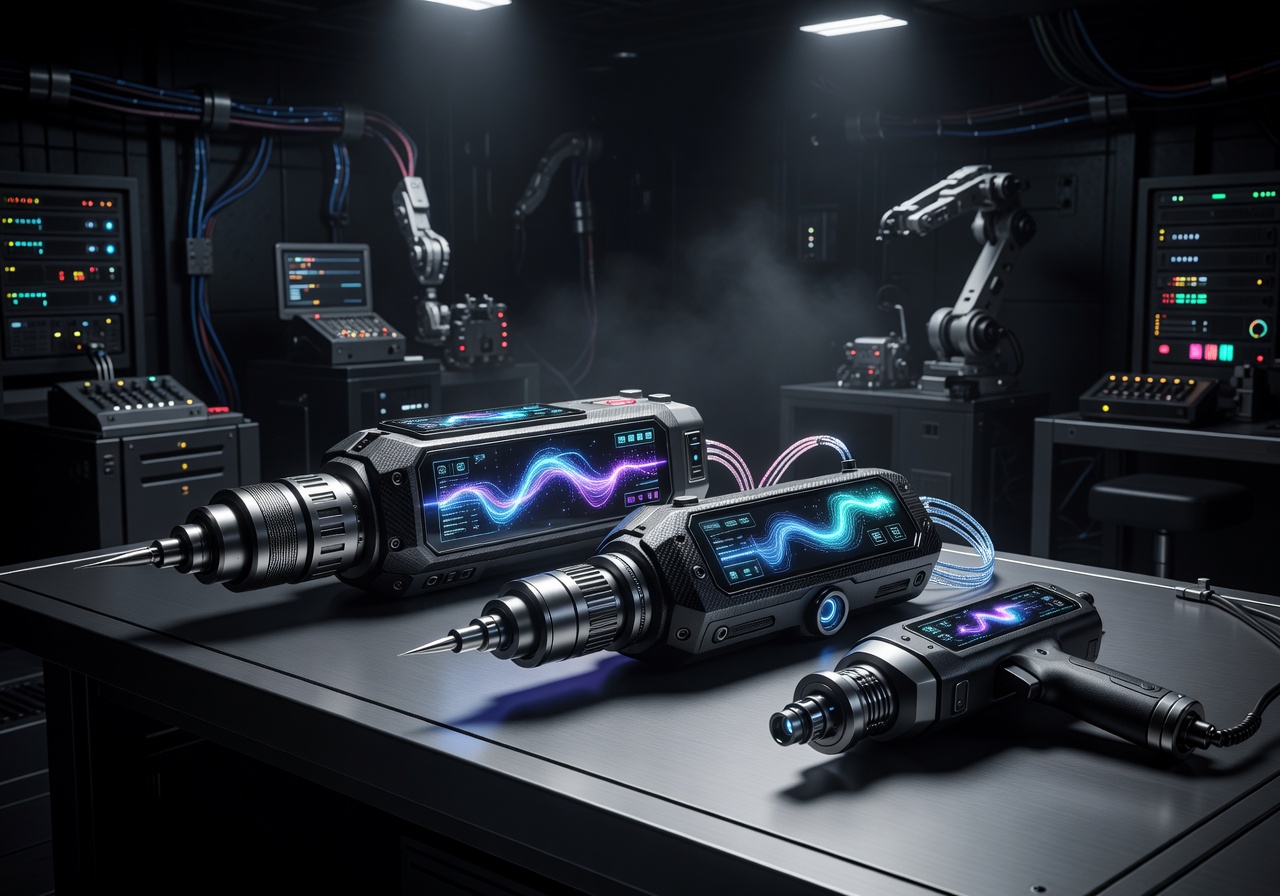 Futuristic mining tools with glossy UI elements in a dark high-tech environment
