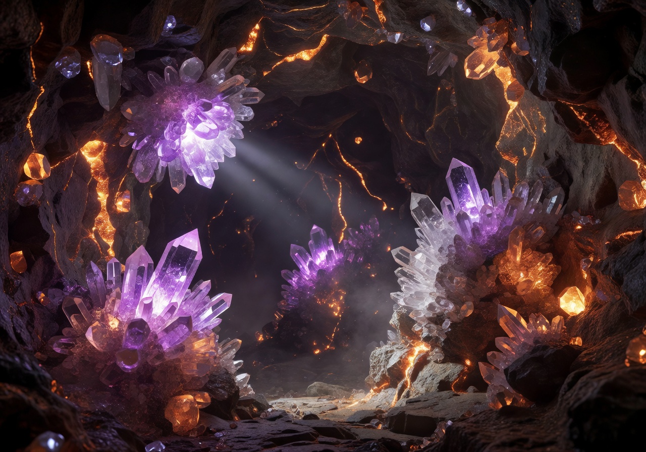 Glowing crystal clusters deep underground with cinematic purple and orange lighting