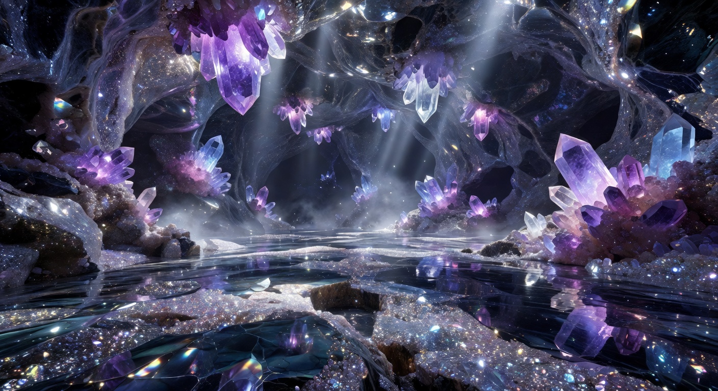 Glowing underground crystal cave with reflective mineral surfaces and cinematic lighting
