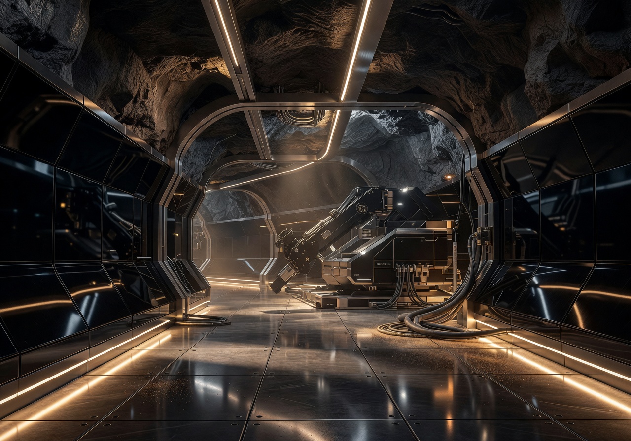 Underground mining base with futuristic glossy environment and warm cinematic lighting